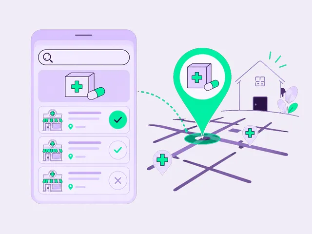 Searching for a medicine on a smartphone and finding the nearest pharmacy on the map