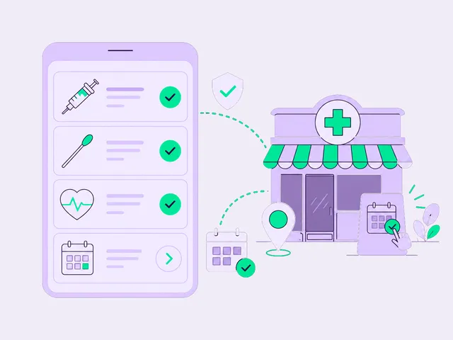 List of pharmacy services on a smartphone, with calendar booking